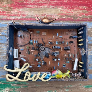 LOVE Assemblage art sculpture steampunk dystopian industrial aesthetic art mixed media salvaged junk diorama
