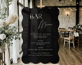 Wavy Acrylic Bar Menu Sign – 3D Mirror Silver Lettering, Wedding Reception