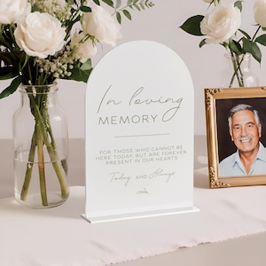 Puede incluir: Un letrero conmemorativo de acrílico blanco con una parte superior arqueada. El letrero dice "In loving memory" e incluye un mensaje sobre aquellos que están presentes en nuestros corazones. Una foto enmarcada y arreglos florales están en el fondo.