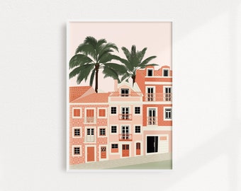 May include: A digital illustration of pink buildings with terracotta roofs and black windows. Palm trees with green leaves are in the background. The buildings are on a street with a light pink sidewalk.