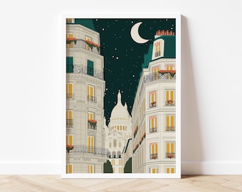 May include: A digital illustration of a Parisian street scene at night. The image features a view of the Sacré-Cœur Basilica, with buildings on either side of the street. The buildings are white with green trim and have windows with yellow lights. The sky is dark blue with white stars and a crescent moon.