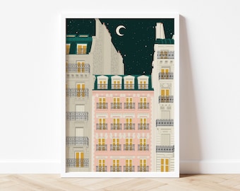 May include: A digital illustration of a pink building with black balconies and windows, surrounded by two gray buildings with black balconies and windows. The buildings are set against a dark blue night sky with a crescent moon and stars.