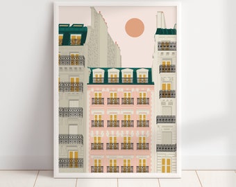 May include: A digital illustration of a pink building with green trim and balconies. The building is surrounded by other buildings in a muted color palette. The sky is a light pink with a large orange sun.