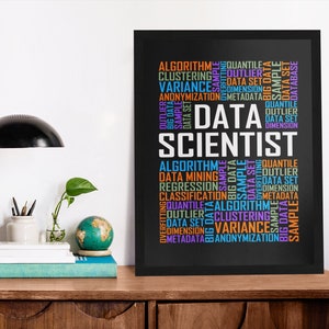 Data Scientist Words Poster, Data Science Wall Art, Canvas Wooden Black White Frame, Gift, Framed Gifts