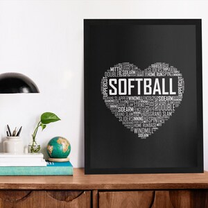 Softball Heart Poster, Softball Wall Art, Canvas Wooden Black White Frame, Gift, Framed Gifts
