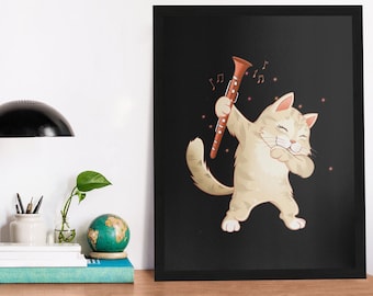 Poster klarinetkat, muziekkunst aan de muur, canvas houten zwart-wit lijst, cadeau, ingelijste cadeaus