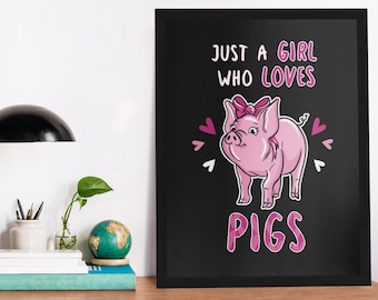 Pig Lover Poster, Cute Pink Pig Art, Black Framed Print