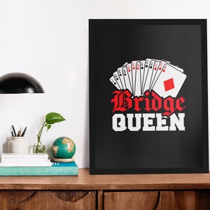 Póster de Bridge Queen, arte de pared del juego de cartas Bridge, marco blanco negro de madera de lienzo, regalo, regalos enmarcados