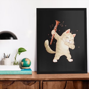 Clarinet Cat Poster, Music Wall Art, Canvas Wooden Black White Frame, Gift, Framed Gifts