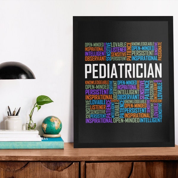 Pediatrician Words Poster, Pediatrician Wall Art, Canvas Wooden Black White Frame, Gift, Framed Gifts