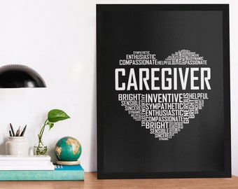 Hartposter verzorger, kunst aan de muur verzorger, canvas houten zwart-wit lijst, cadeau, ingelijste geschenken