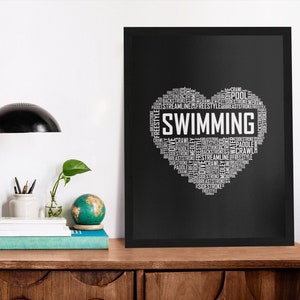 Schwimmen Herz Poster, Schwimmen Wandkunst, Leinwand Holzrahmen Schwarz Weiß, Geschenk, Geschenke gerahmt