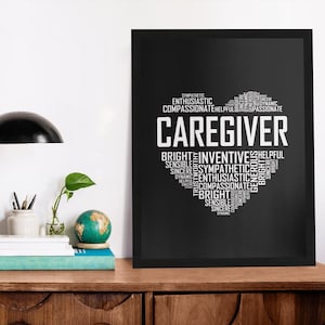 Caregiver Heart Poster, Caregiving Wall Art, Canvas Wooden Black White Frame, Gift, Framed Gifts