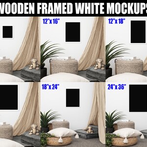 K&ouml;nnte beinhalten: Mockup eines wei&szlig;en Holzrahmens mit schwarzem Hintergrund in verschiedenen Gr&ouml;&szlig;en, darunter 8x10 Zoll, 12x16 Zoll, 12x18 Zoll, 16x20 Zoll, 18x24 Zoll und 24x36 Zoll. Die Rahmen werden an einer wei&szlig;en Wand mit einem braunen Vorhang und einem Weidenkorb im Vordergrund angezeigt.