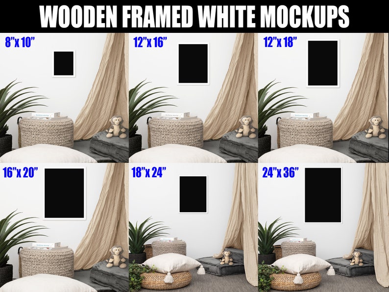 K&ouml;nnte beinhalten: Mockup eines wei&szlig;en Holzrahmens mit schwarzem Hintergrund in verschiedenen Gr&ouml;&szlig;en, darunter 8x10 Zoll, 12x16 Zoll, 12x18 Zoll, 16x20 Zoll, 18x24 Zoll und 24x36 Zoll. Die Rahmen werden an einer wei&szlig;en Wand mit einem braunen Vorhang und einem Weidenkorb im Vordergrund angezeigt.
