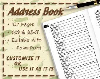A-Z Address Book Interior 107 Pages Bleed | 6&quot; x 9&quot;  & 8.5&quot; x 11&quot; Trim Size | Editable PPTs and PDFs | Commercial License | Ready To Use