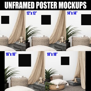K&ouml;nnte beinhalten: F&uuml;nf gerahmte Poster-Mockups in verschiedenen Gr&ouml;&szlig;en, von 10 Zoll mal 10 Zoll bis 18 Zoll mal 18 Zoll, an einer wei&szlig;en Wand mit einem beigefarbenen Stoffhintergrund. Die Poster sind schwarz und befinden sich an einer Wand mit einem beigefarbenen Stoffhintergrund.