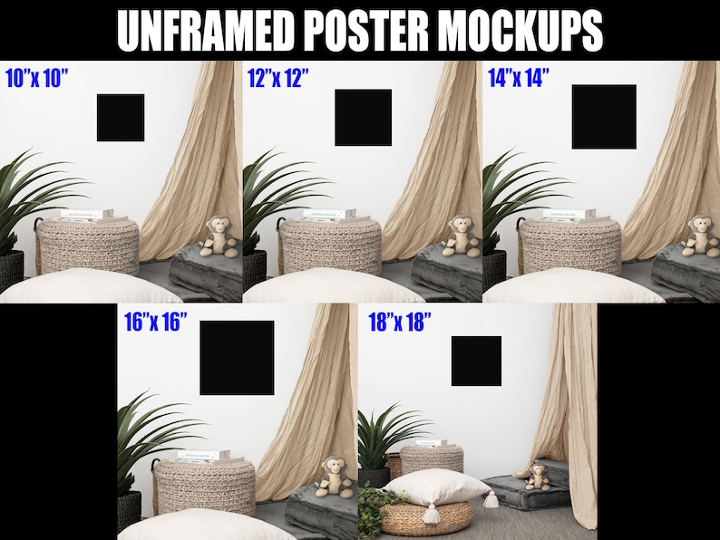 K&ouml;nnte beinhalten: F&uuml;nf gerahmte Poster-Mockups in verschiedenen Gr&ouml;&szlig;en, von 10 Zoll mal 10 Zoll bis 18 Zoll mal 18 Zoll, an einer wei&szlig;en Wand mit einem beigefarbenen Stoffhintergrund. Die Poster sind schwarz und befinden sich an einer Wand mit einem beigefarbenen Stoffhintergrund.