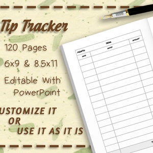 Puede incluir: Un cuaderno de seguimiento de propinas en blanco y negro con un borde marrón. El cuaderno tiene 120 páginas y mide 15,24 x 22,86 cm y 21,59 x 27,94 cm. Es editable con PowerPoint y se puede personalizar o usar tal cual.