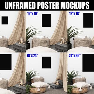 K&ouml;nnte beinhalten: Mockup von ungerahmten Postern in verschiedenen Gr&ouml;&szlig;en, von 8x10 Zoll bis 24x36 Zoll, an einer wei&szlig;en Wand mit neutralem Hintergrund. Die Poster werden in einem Wohnzimmer mit Teppich, Kissen und Pflanzen gezeigt.
