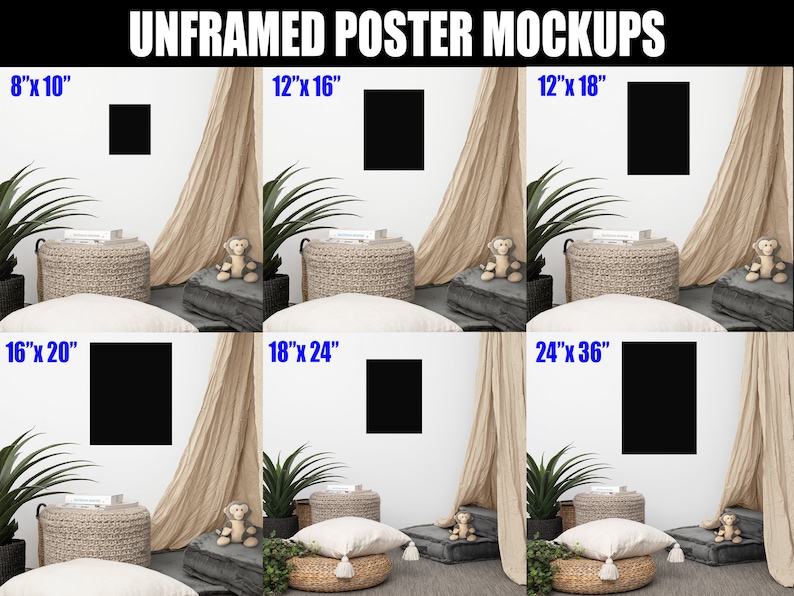 K&ouml;nnte beinhalten: Mockup von ungerahmten Postern in verschiedenen Gr&ouml;&szlig;en, von 8x10 Zoll bis 24x36 Zoll, an einer wei&szlig;en Wand mit neutralem Hintergrund. Die Poster werden in einem Wohnzimmer mit Teppich, Kissen und Pflanzen gezeigt.