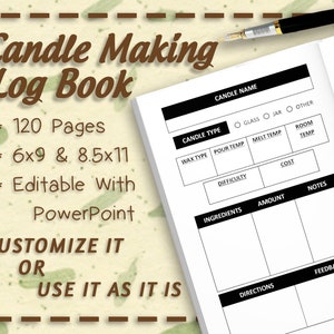 May include: A black and white printable candle making log book with 120 pages. The log book includes sections for candle name, type, wax type, pour temperature, melt temperature, room temperature, difficulty, cost, ingredients, amount, notes, directions, and feedback.
