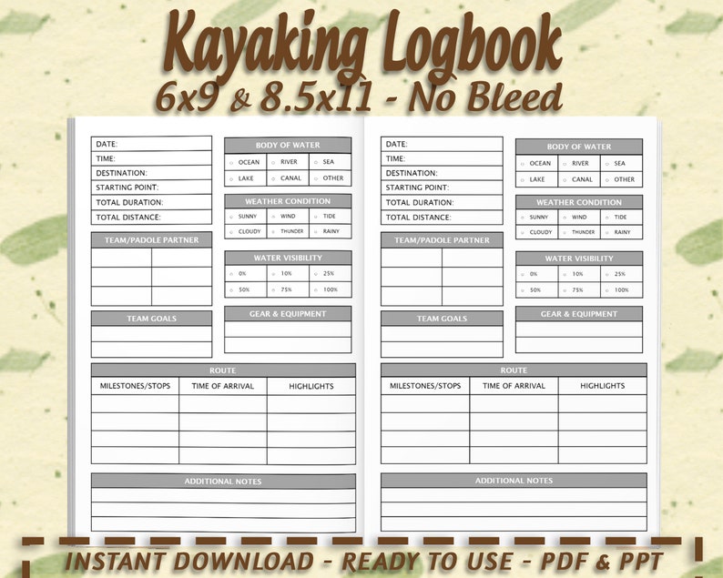 Kayak Inventory Spreadsheet Kayaking Logbook Interior | 120 Pages, 6x9 and 8.5x11 (editable Ppts ...