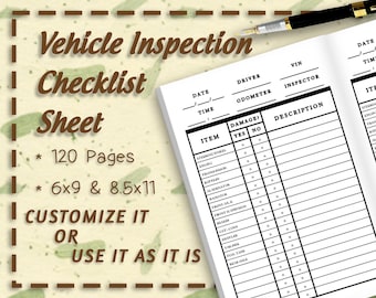 May include: A black and white vehicle inspection checklist sheet with 120 pages. The sheet is 6x9 and 8.5x11 inches. The sheet has a section for date, driver, odometer, VIN, inspector, item, damage, yes, no, and description.