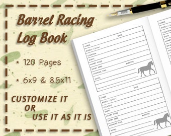 Könnte beinhalten: Ein weißes Logbuch mit braunem Rand und dem Text "Barrel Racing Log Book" in Braun. Das Buch hat 120 Seiten und ist in zwei Größen erhältlich: 15,24 x 22,86 cm und 21,59 x 27,94 cm. Das Buch hat einen Abschnitt zum Aufzeichnen von Pferdeinformationen, Rodeo/Show, Ort, Veranstaltung, eingenommenem Geld, Teilnahmegebühren, Gewinnzeit und Notizen. Das Buch hat auch einen Abschnitt für die Platzierung. Das Buch ist anpassbar oder kann so verwendet werden, wie es ist.