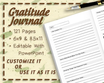 Gratitude Journal Interior 121 Pages Bleed | 6&quot; x 9&quot;  & 8.5&quot; x 11&quot; Trim Size | Editable PPTs and PDFs | Commercial License | Ready To Use
