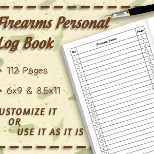 Puede incluir: Un libro de registro en blanco y negro con el título "Firearms Personal Log Book" y el texto "112 Pages" y "6x9 & 8.5x11". El libro tiene un diseño de cuadrícula con columnas etiquetadas como "No", "Firearm Name" y "Page".