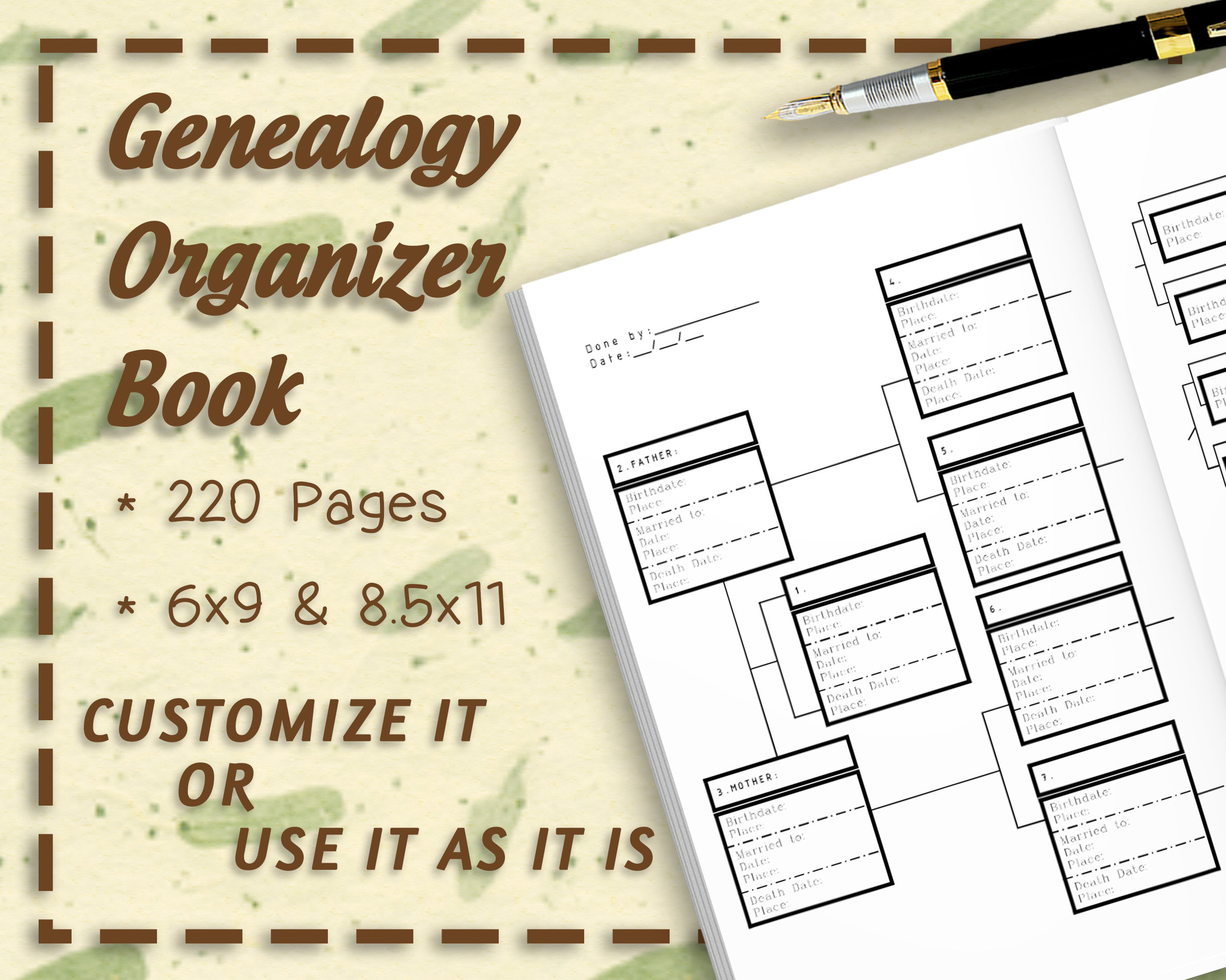 Genealogy Organizer Book Interior 220 Pages 6 X 9 & 8.5 X 11 Trim Size  Editable Ppts and Pdfs Commercial License Ready to Use 