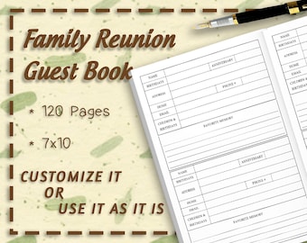 Family Reunion Guest Book Interior 120 Pages | 7&quot; x 10&quot; Trim Size | Editable PPT and PDF | Commercial License | Ready To Use