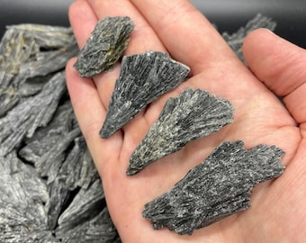 May include: A collection of black, fan-shaped selenite crystals. The crystals are arranged in a pile, with some of them being held in a hand.