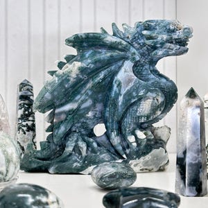 Moss Agate Crystal Dragon, Hand Carved, All Natural Healing Crystals