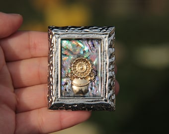 Van Gogh's Painting Silver Brooch Rectangle Sunflower Engraving