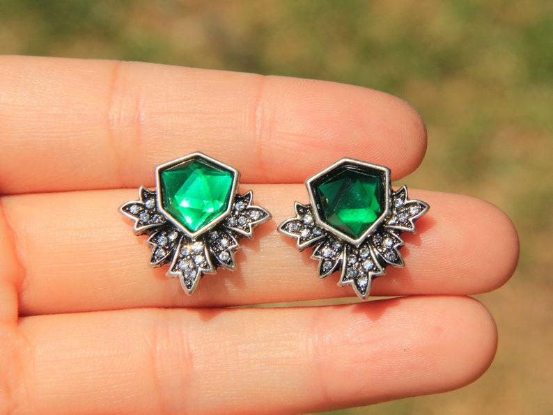 Earrings Clous Silver Chip Irregulier Green Emerald