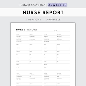 May include: Printable nurse report form with two versions. The form includes sections for patient name, age, sex, attending physician, consultations, situation, PMH, tests, neuro, cards, GI, skin, labs, meds, and plan. The form is designed for easy use and organisation.