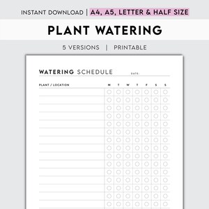 Peut inclure: Un calendrier d'arrosage des plantes imprimable avec une grille de cercles pour chaque jour de la semaine. La grille est étiquetée avec les jours de la semaine : lundi, mardi, mercredi, jeudi, vendredi, samedi et dimanche. Il y a un espace en haut pour la date et une colonne à gauche pour le nom et l'emplacement de la plante.