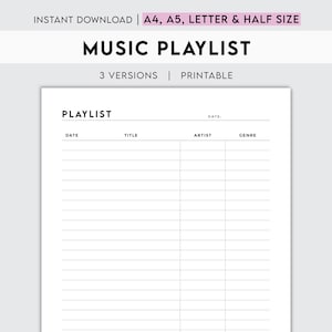 Może przedstawiać: Drukowany szablon listy odtwarzania muzyki z kolumnami na datę, tytuł, artystę i gatunek. Szablon został zaprojektowany w celu łatwej organizacji i śledzenia muzyki.
