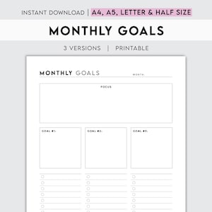Puede incluir: Planificador de objetivos mensuales imprimible con secciones para el enfoque, tres objetivos y notas. El planificador tiene un diseño simple en blanco y negro.