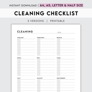 May include: Printable cleaning checklist with a monthly calendar format. Each month has a column with checkboxes for tasks. The checklist includes the months January through December.