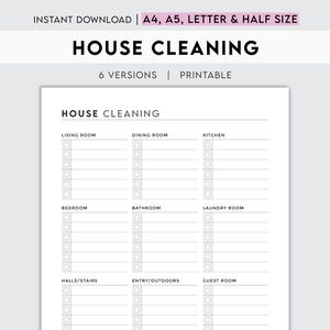 Peut inclure: Liste de contrôle de nettoyage de la maison imprimable avec des cases à cocher pour différentes pièces, notamment le salon, la salle à manger, la cuisine, la chambre à coucher, la salle de bain, la buanderie, les couloirs/escaliers, l'entrée/extérieur, la chambre d'amis, le bureau à domicile, la salle d'artisanat et autres. La liste de contrôle est intitulée "Nettoyage de la maison" et comporte le texte "6 versions | Imprimable" sous le titre.