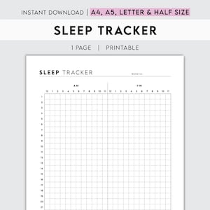 Può includere: Un tracker del sonno stampabile con una griglia per tenere traccia delle ore di sonno. La griglia è divisa in 12 ore per AM e 12 ore per PM. I giorni del mese sono elencati sul lato sinistro della griglia, da 1 a 31. Il testo "MESE" è in cima alla griglia.