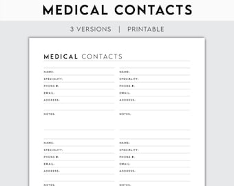 Medical Contacts Tracker | Printable Health Organizer & Doctor Directory for Patient Records and Emergency Planning
