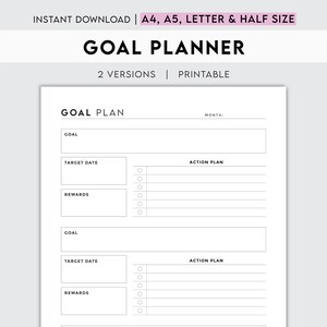 Puede incluir: Planificador de objetivos imprimible con tres secciones para el establecimiento de objetivos, la fecha objetivo y el plan de acción. Cada sección tiene una lista de verificación y espacio para escribir. El planificador está diseñado para uso mensual e incluye el texto "GOAL PLANNER" y "GOAL PLAN".