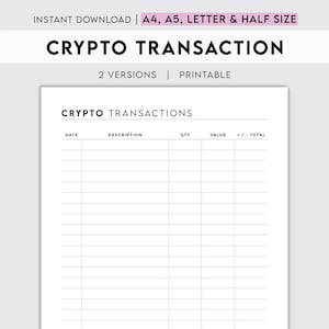 Puede incluir: Registro de transacciones de criptomonedas imprimible con columnas para fecha, descripción, cantidad, valor y total. El registro está diseñado para realizar un seguimiento de las transacciones de criptomonedas.