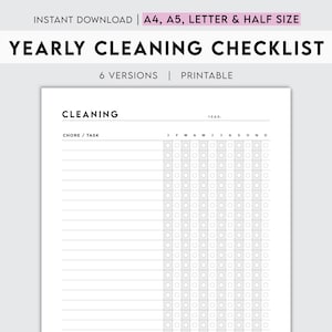 May include: A printable yearly cleaning checklist with a grid of checkboxes for each month of the year. The checklist is labeled "Cleaning" and has a space for listing chores or tasks.
