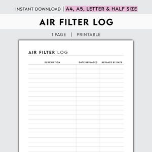 以下が含まれることがあります： 説明、交換日、交換期限の列を持つ、印刷可能な空気フィルターログ。このログは、空気フィルターの交換を簡単に追跡できるように設計されています。