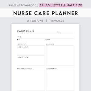 May include: A printable nurse care planner with sections for name, age, room, date, assessment, diagnosis, expected outcomes, interventions, rationale, and evaluation.
